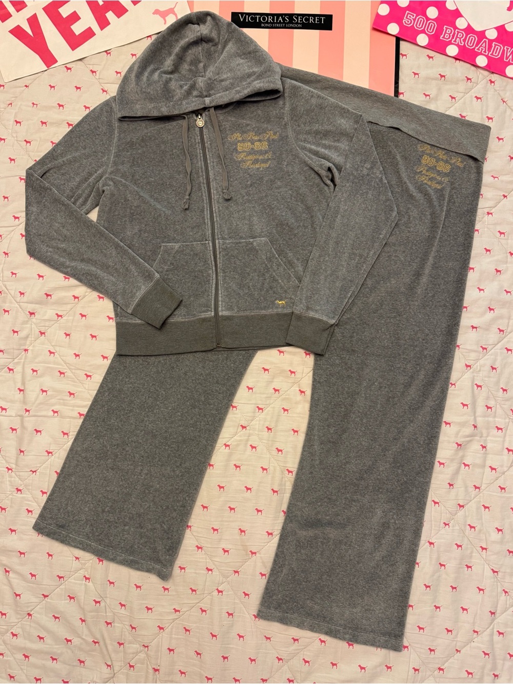 VS PINK VINTAGE Y2K VELOUR TRACKSUIT SET HOODIE & FOLDOVER FLARES GRAY PHI BETA